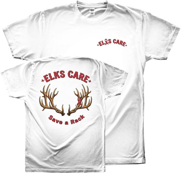 Elks Care V-Neck T-Shirt left chest with back print. Softstyle unisex t-shirt. Order yours today.  Proceeds will be donated to help support Cancer patients.